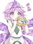  1other androgynous bare_shoulders burger cowboy_shot eating eyebrows_visible_through_hair food ghost highres japanese_clothes len&#039;en ougi_hina pink_hair purple_eyes shion_(len&#039;en) short_hair simple_background triangular_headpiece white_background wings 
