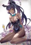  1girl animal_ears bangs bare_shoulders black_hair black_leotard blue_archive blush breasts cleavage dark-skinned_female dark_skin detached_collar fake_animal_ears fishnet_legwear fishnets gloves highleg highleg_leotard highres karin_(blue_archive) large_breasts leotard long_hair looking_at_viewer playboy_bunny ponytail rabbit_ears sidelocks thighs white_gloves yellow_eyes yoshimoto_(dear_life) 