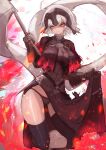  1girl absurdres ahoge armor armored_dress bangs black_legwear black_panties breasts chain collar fate/grand_order fate_(series) faulds fire flag gauntlets headpiece highres jeanne_d&#039;arc_(alter)_(fate) jeanne_d&#039;arc_(fate) large_breasts looking_at_viewer metal_collar panties plackart polearm sayo_(sayomayos) short_hair silver_hair sword thighhighs underwear weapon yellow_eyes 