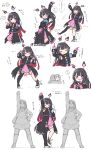  1girl armband bangs black_hair black_jacket blush claw_pose clenched_hand dancing gloves gradient_hair gurantsu headset heart heart_in_eye highres idol_clothes jacket long_hair multicolored_hair multiple_views nijisanji one_eye_closed open_mouth pink_gloves pink_skirt pointing purple_eyes red_hair single_thighhigh skirt smile symbol_in_eye thighhighs tsukino_mito virtual_youtuber white_background white_footwear 