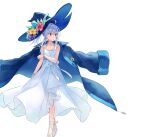  1girl absurdres ahoge ankle_ribbon azuuru bangle bangs bare_arms bare_shoulders blue_coat blue_eyes blue_flower blue_headwear bracelet coat coat_on_shoulders collarbone dress elaina_(majo_no_tabitabi) floating_hair flower hair_between_eyes hat hat_flower hat_ornament hat_ribbon hibiscus highres jewelry light_blush long_dress long_hair looking_to_the_side majo_no_tabitabi novel_illustration official_art open_clothes open_coat ponytail red_flower ribbon second-party_source see-through sidelocks simple_background sleeveless sleeveless_dress solo sundress walking white_background white_dress white_footwear white_hair white_ribbon witch_hat yellow_flower 