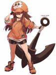  1girl anchor arm_up bike_shorts black_gloves black_shorts boots brown_eyes brown_hair copyright_name fingerless_gloves full_body gloves guilty_gear hand_on_headwear hat highres karukan_(monjya) long_hair may_(guilty_gear) orange_footwear orange_headwear orange_shirt shirt shorts simple_background smile solo thighs weapon white_background 