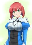  1girl absurdres blue_jacket eyebrows_behind_hair green_background green_eyes head_tilt highres jacket juliet_sleeves lian_anbird long_sleeves looking_at_viewer military military_uniform necktie puffy_sleeves red_hair short_hair short_necktie smile solo super_robot_wars super_robot_wars_30 uniform upper_body white_necktie ykh1028 