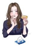  1girl blush brown_eyes brown_hair commentary_request eating eyeshadow food holding holding_food jewelry lips ma2 makeup nail_polish original partial_commentary ring sketch tissue_box v-neck wiping_mouth 