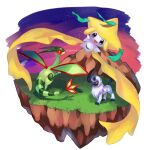  :d absol absurdres aki_yamane claws commentary_request flygon grass green_ribbon highres jirachi looking_at_viewer looking_back night no_humans open_mouth outdoors pokemon pokemon_(creature) ribbon sky smile standing star_(sky) tongue 