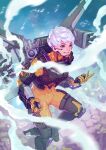 1girl apex_legends bodysuit brown_eyes commentary_request flying hair_behind_ear headset highres jetpack looking_ahead missile_pod orange_bodysuit otsuzaka parted_lips science_fiction short_hair sky smirk solo v valkyrie_(apex_legends) white_hair 