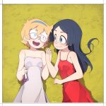  2girls absurdres bad_id bad_pixiv_id barbara_parker bare_shoulders black_hair blonde_hair blue_eyes book border dress from_above glasses hair_between_eyes half-closed_eyes hay highres holding holding_book holding_hands little_witch_academia long_hair looking_at_another lotte_jansson lying mole mole_under_eye multiple_girls once_11h open_mouth red_dress short_hair sleeveless smile teeth upper_body upper_teeth white_border white_dress yellow_background 