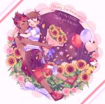 2boys :d anniversary ash_ketchum balloon bouquet carrying catsubun_(kkst0904) character_print commentary dark-skinned_male dark_skin dated flower heart highres holding holding_bouquet interracial jewelry kiawe_(pokemon) male_focus multiple_boys necklace open_mouth pants petals pikachu poke_ball poke_ball_(basic) pokemon pokemon_(anime) pokemon_sm_(anime) sandals shirt shoes short_sleeves shorts smile striped striped_shirt sunflower t-shirt teeth toes tongue topless_male upper_teeth yaoi 