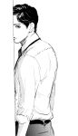  1boy belt collared_shirt from_behind greyscale highres looking_at_viewer looking_back ma2 male_focus monochrome necktie original pants shirt sketch solo suspenders wall 