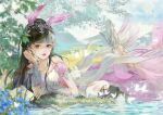  1girl absurdres animal_ears artist_request bunny douluo_dalu dress grass high_heels highres leaf legs lying pink_dress ponytail rabbit_ears staring water weibo_id weibo_logo xiao_wu_(douluo_dalu) 