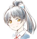  1girl anibache bangs birthday black_hair blush commentary eyebrows_visible_through_hair hair_ribbon hazuki_ren high_ponytail long_hair looking_at_viewer love_live! love_live!_superstar!! ponytail portrait ribbon school_uniform smile solo white_background yellow_eyes yuigaoka_school_uniform 