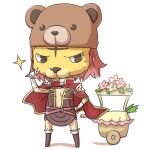  1girl bear_hat belt boots breasts brown_belt brown_dress brown_footwear cape chibi commentary_request creator_(ragnarok_online) dress flower full_body fur-trimmed_footwear gloves hand_on_hip living_clothes masked natsuya_(kuttuki) pink_flower pullcart ragnarok_online red_cape short_dress short_hair simple_background small_breasts solo sparkle standing strapless strapless_dress teeth w white_background white_gloves 