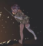  1girl absurdres barefoot bayonet blue_eyes bolt_action glowing glowing_eyes gun highres hololive hololive_english jarv mauser_98 military military_uniform ninomae_ina&#039;nis petals rifle single_sock single_thighhigh smile socks solo thighhighs thighs uniform virtual_youtuber weapon white_legwear 