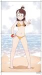  1girl absurdres bad_id bad_pixiv_id bangs beach bikini border bracelet brown_hair closed_mouth cloud cloudy_sky full_body hair_bun hand_on_hip highres jewelry kagari_atsuko little_witch_academia looking_at_viewer once_11h outdoors red_eyes sky smile solo standing swimsuit v white_border yellow_bikini 