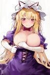  1girl blonde_hair blush breasts closed_mouth commentary_request dress efe elbow_gloves eyebrows_visible_through_hair frilled_dress frills gloves hair_between_eyes hat hat_ribbon highres large_breasts long_hair mob_cap purple_dress purple_eyes red_ribbon ribbon solo touhou upper_body white_gloves white_headwear yakumo_yukari 