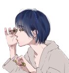  1girl applying_makeup blue_hair commentary_request cosmetics eyeshadow hair_behind_ear ma2 makeup mascara mascara_wand multicolored_hair nail_polish original partial_commentary pout profile robe short_hair sketch solo two-tone_hair white_background yellow_eyes 