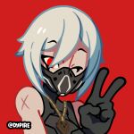  1girl bangs black_gloves cross_scar dypire eyelashes fortnite gloves grin highres hush_(fortnite) jewelry looking_at_viewer mask mouth_mask necklace one_eye_closed red_background red_eyes scar short_hair simple_background smile solo v vest white_hair 