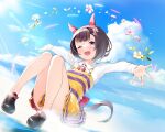  1girl ;d animal_ear_fluff animal_ears bangs bare_legs black_footwear black_hair blue_sky blush bow cat_ears cloud commentary_request day dress eyebrows_visible_through_hair flower full_body hair_flower hair_ornament hairband highres horse_ears horse_girl horse_tail long_sleeves looking_at_viewer nekomu nishino_flower_(umamusume) ocean one_eye_closed open_mouth outdoors outstretched_arms purple_eyes shirt shoes short_hair skirt sky smile solo striped suspenders tail umamusume 