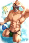  1boy absurdres algernon_(housamo) alternate_costume armpits bara colored_sclera cowboy_shot crow_(siranui) day helmet highres jockstrap large_pectorals male_focus male_swimwear male_underwear muscular muscular_male ocean outdoors pectorals red_eyes revealing_clothes sky solo standing sunlight thick_thighs thighs tokyo_afterschool_summoners underwear yellow_sclera 