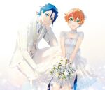  1boy 1girl absurdres bangs blue_eyes blue_hair blue_ribbon blush bouquet breasts collared_shirt dress eyebrows_visible_through_hair flower formal freyja_wion green_eyes hair_behind_ear hair_between_eyes hair_ornament hand_on_own_face hayate_immelmann heart heart_hair_ornament highres holding holding_bouquet jacket looking_at_viewer macross macross_delta mosako necktie orange_hair pants ribbon shirt shoes sitting small_breasts smile suit tied_hair white_dress white_flower white_footwear white_jacket white_necktie white_pants white_shirt white_suit 