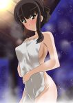  1girl absurdres alternate_hairstyle bangs black_eyes black_hair blunt_bangs blush breasts closed_mouth collarbone commentary covering eyebrows_visible_through_hair frown girls_und_panzer hair_up hand_on_own_chest highres holding holding_towel looking_at_viewer mature_female medium_breasts night night_sky nishizumi_shiho nude_cover onsen short_hair sidelocks sky solo standing star_(sky) starry_sky steam towel wakku_kan wet wet_hair 