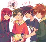  4boys blue_oak brown_hair cellphone closed_mouth commentary_request ethan_(pokemon) gloves green_jacket holding holding_phone itome_(funori1) jacket long_hair long_sleeves male_focus multiple_boys phone pokemon pokemon_adventures red_(pokemon) red_hair red_jacket shirt short_hair short_sleeves silver_(pokemon) sneasel spiked_hair sweatdrop t-shirt thought_bubble zipper_pull_tab 