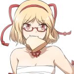  1girl bangs blonde_hair breasts cleavage commentary_request cowboy_shot food food_in_mouth glasses hair_ribbon hairband jewelry looking_to_the_side medium_breasts mouth_hold natsuya_(kuttuki) necklace open_mouth ragnarok_online red-framed_eyewear red_eyes red_hairband red_ribbon ribbon sarashi semi-rimless_eyewear short_hair simple_background smile solo sura_(ragnarok_online) toast toast_in_mouth under-rim_eyewear white_background 