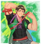  1boy absurdres bara black_shirt blush boxers brown_hair bulge covered_abs covered_navel cowboy_shot dog_tags gou_mangwu grey_male_underwear happy_birthday highres idolmaster idolmaster_side-m jewelry male_focus male_underwear muscular muscular_male necklace no_pants one_eye_closed red_ribbon ribbon shingen_seiji shirt short_hair skin_tight smile solo taut_clothes taut_shirt underwear upper_body weibo_logo weibo_username 