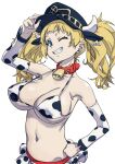  1girl 2021 animal_ears animal_print arad_baranga arm_up bell bikini blonde_hair blue_eyes breasts chinese_zodiac collar collarbone covered_nipples cow_horns cow_print cowbell detached_sleeves ear_tag fake_animal_ears hand_on_headwear hand_on_hip highres horns horns_through_headwear large_breasts long_hair monika_weisswind navel neck_bell one_eye_closed red_collar shingeki_no_bahamut simple_background skirt smile solo swimsuit teeth twintails white_background white_horns year_of_the_ox 