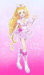  1girl :d blonde_hair boots bow braid character_name choker collarbone crown_braid cure_rhythm dress earrings hair_bow heart heart_earrings highres jewelry knee_boots layered_dress long_hair looking_at_viewer minamino_kanade pink_bow precure short_dress short_sleeves smile solo suite_precure usiusi_nanas very_long_hair white_bow white_choker white_dress white_footwear yellow_eyes 