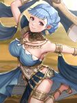  1girl absurdres alternate_costume blue_hair blush blutgang_(fire_emblem) braid breasts commentary_request crown_braid dancer dancer_(three_houses) dancing dress fire_emblem fire_emblem:_three_houses fire_emblem_heroes gladiator_sandals gold_trim gonzarez highres large_breasts looking_at_viewer marianne_von_edmund official_alternate_costume sandals single-shoulder_dress skindentation solo sword weapon 