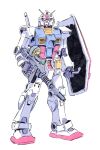  clenched_hand gun gundam highres holding holding_gun holding_shield holding_weapon mecha mobile_suit mobile_suit_gundam no_humans rx-78-2 science_fiction shield solo standing the_count_of_s v-fin weapon white_background yellow_eyes 