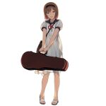  1girl amati bag brown_eyes brown_hair dress duoyuanjun girls&#039;_frontline gunslinger_girl henrietta_(gunslinger_girl) looking_at_viewer messenger_bag shoulder_bag smiley_face solo transparent_background white_dress 