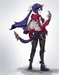  1girl arknights arm_up black_pants blue_eyes blue_shirt chain commentary dragon_girl dragon_horns dragon_tail english_commentary fate/grand_order fate_(series) harlequin-wheels horns jacket knee_pads looking_at_viewer martha_(fate) pants ponytail purple_hair red_jacket shirt simple_background spiked_tail tail tarrasque_(fate) 