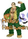  1boy alternate_pectoral_size bara belly biceps buck_(q-force) bulge buzz_cut chest_hair dinosaur_costume dinosaur_tail flexing full_body grin hairy halloween_costume happy_halloween highres icelernd jack-o&#039;-lantern large_pectorals looking_at_viewer male_focus male_pubic_hair mature_male muscular muscular_male navel navel_hair open_clothes pectoral_cleavage pectorals plump pose pubic_hair pubic_hair_peek q-force short_hair sideburns smile solo stomach tail thick_eyebrows unbuttoned very_short_hair weibo_logo weibo_username 