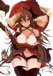  1girl ahoge arm_behind_back bangs bare_shoulders between_legs black_legwear black_shirt blush bottle breasts brown_hair cleavage commentary_request dress elfboiii eyebrows_visible_through_hair hair_between_eyes hair_ornament halter_dress halterneck highres holding holding_staff large_breasts large_hat long_hair looking_at_viewer navel original red_dress red_headwear shirt short_shorts shorts simple_background solo staff sweat symbol-shaped_pupils thigh_grab thighhighs thighs very_long_hair vial white_background yellow_eyes 