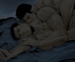  2boys arm_hair bara batman batman_(series) bed black_hair bruce_wayne clark_kent closed_eyes closed_mouth couple dc_comics hand_on_another&#039;s_arm kiss kissing_neck looking_at_another lying male_focus multiple_boys muscular muscular_male nakadoori nude on_bed on_side short_hair sideburns superman superman_(series) upper_body yaoi 