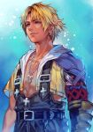  1boy aqua_background armor bare_pectorals belt blonde_hair blue_eyes chain_necklace earrings final_fantasy final_fantasy_x from_side hungry_clicker jewelry lips male_focus messy_hair necklace parted_lips pectorals shirt short_hair shoulder_armor solo tidus 