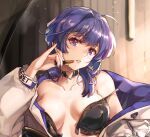  1girl bangs bare_shoulders black_bra black_choker bra breasts choker cleavage commentary_request cosmetics earrings holding holding_lipstick_tube honkai_(series) honkai_impact_3rd jacket jewelry lips lipstick lipstick_tube long_hair long_sleeves looking_at_viewer makeup open_clothes open_jacket open_mouth purple_eyes purple_hair raiden_mei revealing_clothes solo teeth underwear white_jacket zombie-andy 