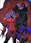  2boys abs absurdres bara battle carnage_(marvel) collage drooling forehead-to-forehead grabbing heads_together highres large_pectorals lizaoyuwanzidan_(weibo6293423540) long_tongue male_focus marvel monster_boy multiple_boys muscular muscular_male navel pectoral_grab pectorals saliva sharp_teeth slime_boy spread_legs stomach symbiote teeth thigh_grab tongue venom_(marvel) weibo_logo weibo_username 