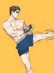  1boy anderain bandaged_hand bandages bara black_gloves blue_shorts boxing_shorts brown_hair closed_mouth eyepatch fingerless_gloves gloves high_kick highres kicking large_pectorals male_focus muscular muscular_male nipples ombra_(anderain) one_eye_covered original pectorals short_hair shorts simple_background solo sweat thighs weibo_username 