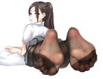  1girl black_legwear chestnut_mouth commentary eyebrows_visible_through_hair eyes_visible_through_hair feet foot_focus kukoi legs looking_back lying no_shoes on_stomach open_mouth original pantyhose pillow ponytail school_uniform serafuku soles solo toes uniform 