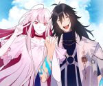  1boy 1girl absurdres ahoge black_hair body_markings choker colored_skin fate/grand_order fate_(series) highres holding_hands long_hair oryou_(fate) oryou_(lancer)_(fate) pink_hair red_eyes ryousuke_(tukr5384) sakamoto_ryouma_(fate) sakamoto_ryouma_(lancer)_(fate) smile v very_long_hair white_skin 