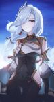  1girl absurdres bare_shoulders blue_eyes blue_sky blush braid braided_ponytail breasts covered_navel cowboy_shot genshin_impact gnns hair_ornament hair_over_one_eye highres hip_vent long_hair long_sleeves looking_at_viewer night night_sky shenhe_(genshin_impact) sky solo standing white_hair 