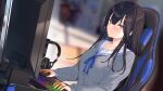  1girl black_hair blue_ribbon blurry blurry_background blush breasts chair closed_mouth collarbone commentary_request depth_of_field eyebrows_behind_hair gaming_chair headphones highres indoors itohana keyboard_(computer) large_breasts long_hair long_sleeves looking_at_viewer monitor neck_ribbon nintendo_switch original purple_eyes ribbon sailor_collar school_uniform sitting smile solo upper_body white_sailor_collar 