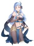 1girl alternate_costume artist_name bandeau bare_shoulders black_ribbon blue_hair blue_nails blush bracelet breasts bridal_gauntlets brooch brown_eyes cleavage commentary commission cosplay cowboy_shot criss-cross_halter dancer dorothea_arnault dorothea_arnault_(cosplay) feather_hair_ornament feathers fire_emblem fire_emblem:_three_houses fire_emblem_heroes hair_ornament hair_ribbon halterneck highres jewelry long_hair looking_at_viewer marianne_von_edmund medium_breasts midriff moja_(moquackja) nail_polish navel pantyhose pelvic_curtain ribbon simple_background smile solo standing stomach thighlet thighs white_background 