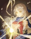  1girl bangs bare_shoulders black_gloves blue_scarf dress elbow_gloves energy fingerless_gloves fire_emblem fire_emblem:_radiant_dawn gloves glowing hair_ribbon half_updo highres lens_flare light_particles light_rays long_hair looking_down magic micaiah_(fire_emblem) ribbon scarf silver_hair simple_background sketch sleeveless sleeveless_dress solo yellow_eyes yuissad 