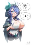  1girl absurdres artist_name blue_eyes blue_hair blush breasts cleavage commentary_request demon_girl glasses green_horns guardian_tales hair_over_one_eye hand_on_own_chest highres hood horns huge_breasts korean_commentary mad_scientist mad_scientist_gremory open_clothes open_mouth seo_(tqhgud016) sidelocks solo speech_bubble tears white_background 