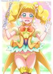  1girl arm_scrunchie bangs blonde_hair blunt_bangs blush bow bow_panties bowtie choker collarbone cowboy_shot cure_sparkle earrings embarrassed eyebrows_visible_through_hair gloves green_eyes hair_cones hanzou healin&#039;_good_precure highres hiramitsu_hinata holding jewelry long_hair looking_at_viewer lowleg lowleg_panties no_panties open_mouth orange_bow orange_bowtie panties precure shiny shiny_hair side-tie_panties solo standing thigh_gap twintails underwear wavy_mouth white_gloves yellow_choker yellow_panties 