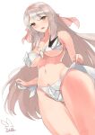  1girl bikini breasts commentary_request hair_between_eyes headband kantai_collection large_breasts long_hair long_sleeves looking_at_viewer open_mouth origami red_headband sensen shoukaku_(kancolle) silver_hair smile swimsuit white_bikini yellow_eyes 